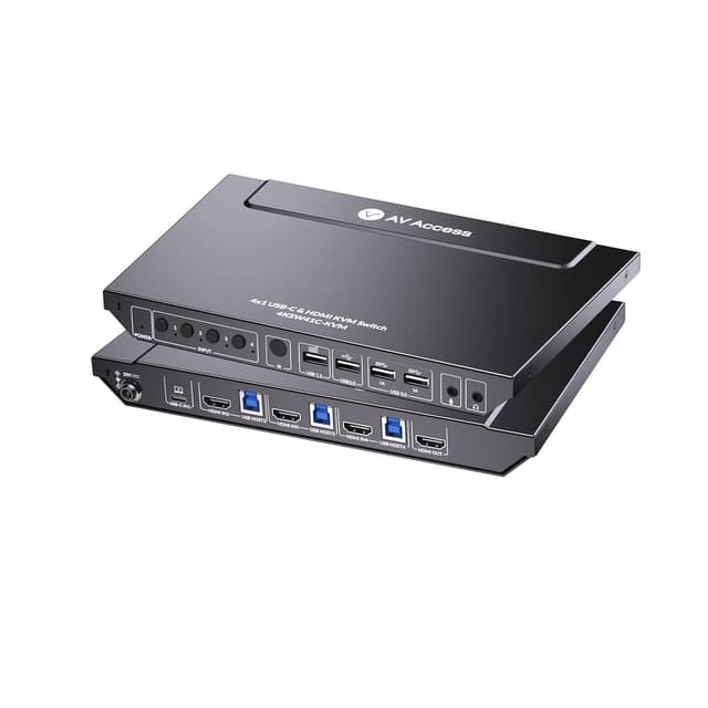 AV Access 4KSW41C 4K USB-C & HDMI KVM Switch 4 pc'er 1 skærm, 60W opladning til bærbar computer