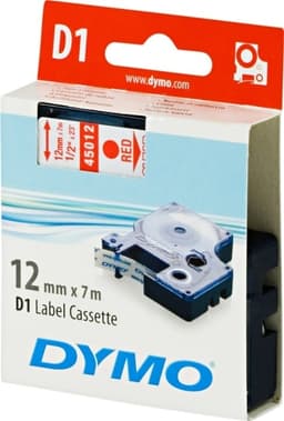 DYMO D1 etikettbånd standard 12 mm, rød på transparent, 7 m rull (45012)