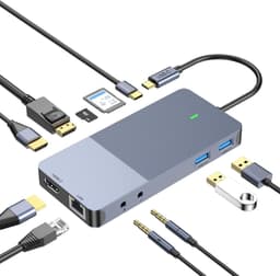 NÖRDIC 1 til 11 USB-C- DisplayLink dokkingstasjon for tre skjermer 2xHDMI 4K60Hz 1xDP4K60Hz DP87W Thunderbolt 3/4