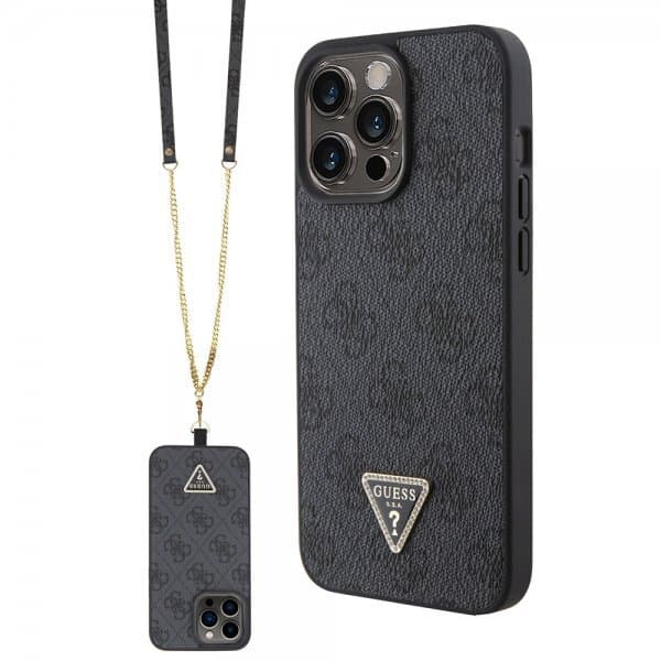 Guess iPhone 15 Pro Max Kuori Metal Logo Strass Crossbody Strap Musta