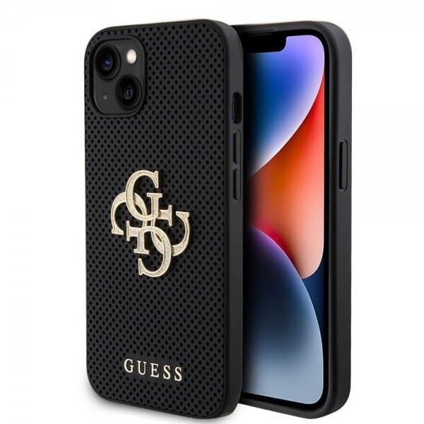 Guess iPhone 15 Skal Perforated Glitter Svart