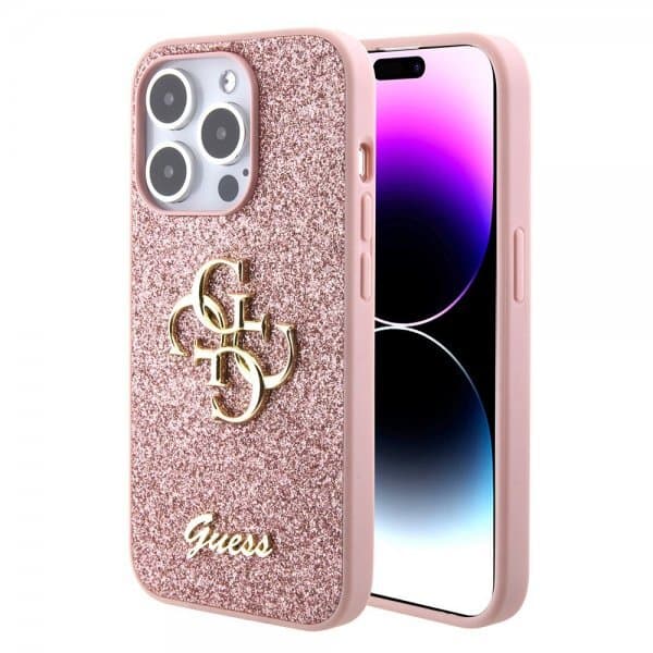 Guess iPhone 15 Pro Cover Fixed Glitter Lyserød
