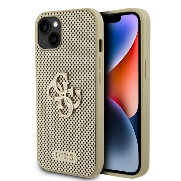 Guess iPhone 15 Cover Perforated Glitter Guld