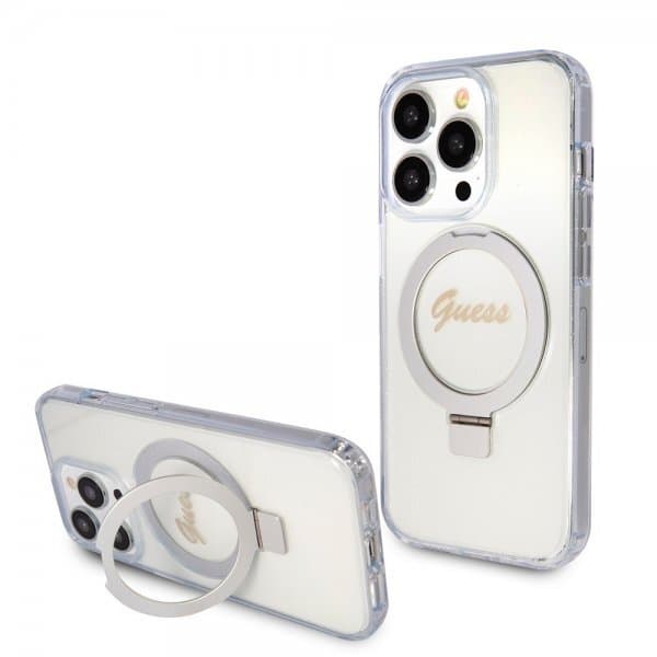 Guess iPhone 15 Pro Max Cover Ring Stand Glitter MagSafe Transparent