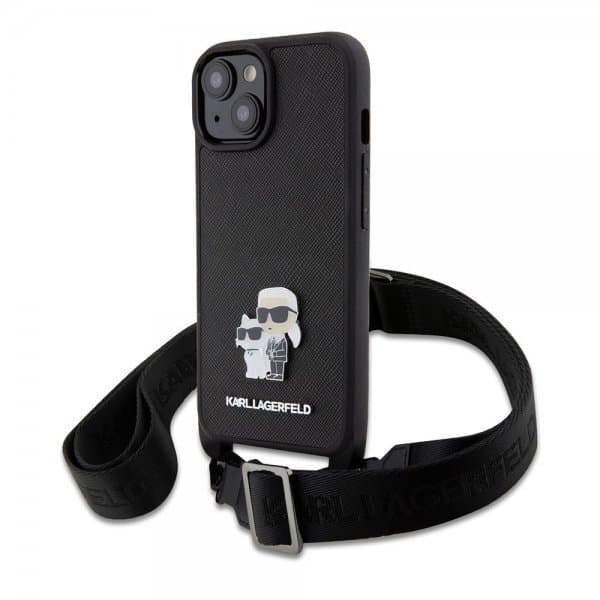 Karl Lagerfeld iPhone 15 Deksel Saffiano Karl & Choupette Crossbody Svart