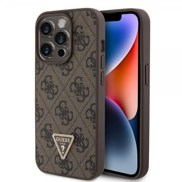 Guess iPhone 15 Pro Kuori 4G Metal Triangle Strass Ruskea