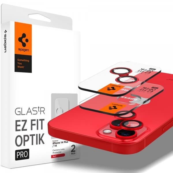 Spigen iPhone 14/iPhone 14 Plus Kameralinsskydd GLAS.tR EZ Fit Optik Pro Röd 2-pack