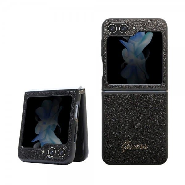 Guess Samsung Galaxy Z Flip 5 Cover Glitter Flakes Metal Logo Sort