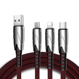 3-in-1-laturi 1,2 m USB-C: lle, mikro-USB: lle ja Lightningille - Musta / punainen
