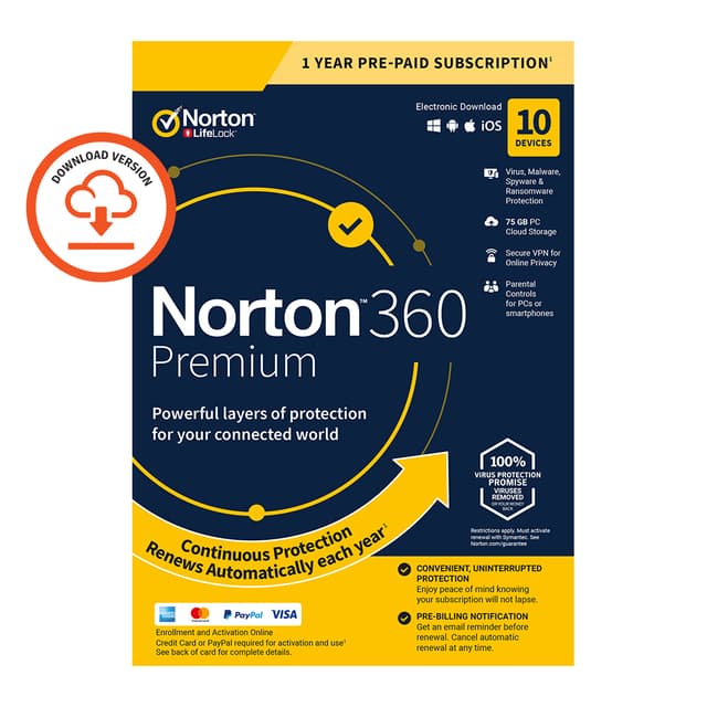 NORTON 360 PREMIUM ND 75GB ND 1 USER 10 DEVICE - PC Windows,Mac OSX,iO
