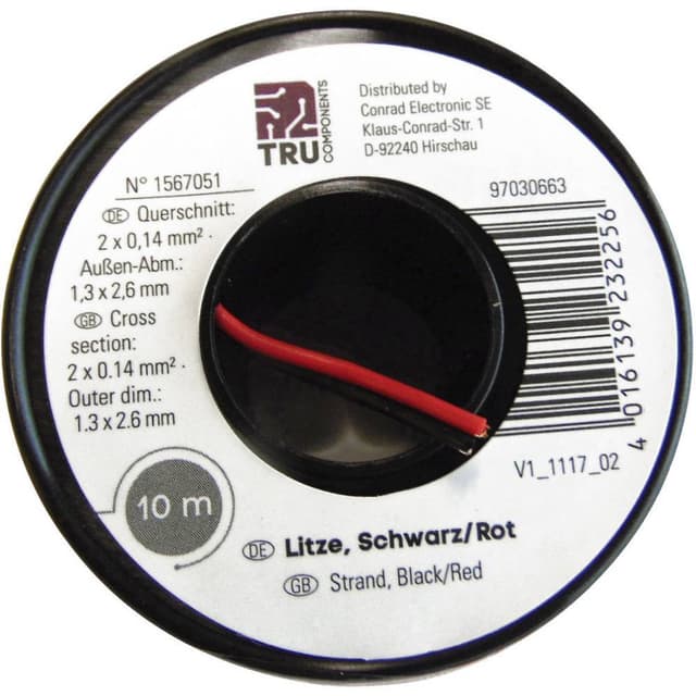 TRU COMPONENTS 1567051 Flätad kabel 2 x 0.14 mm² Svart,