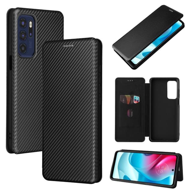 SKALO Moto G60S Carbon Fiber Lompakkokotelo - Musta