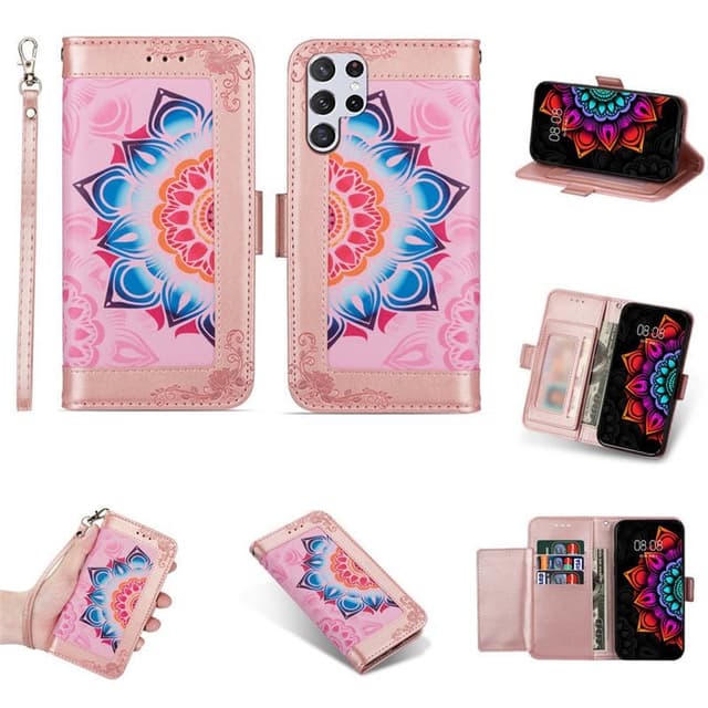 Flower wallet cover 4-kort Samsung Galaxy S22 Ultra - Lyserød
