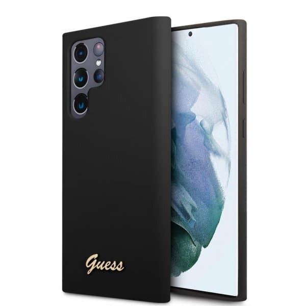 Guess Samsung Galaxy S22 Ultra Kuori Script Metal Logo Musta