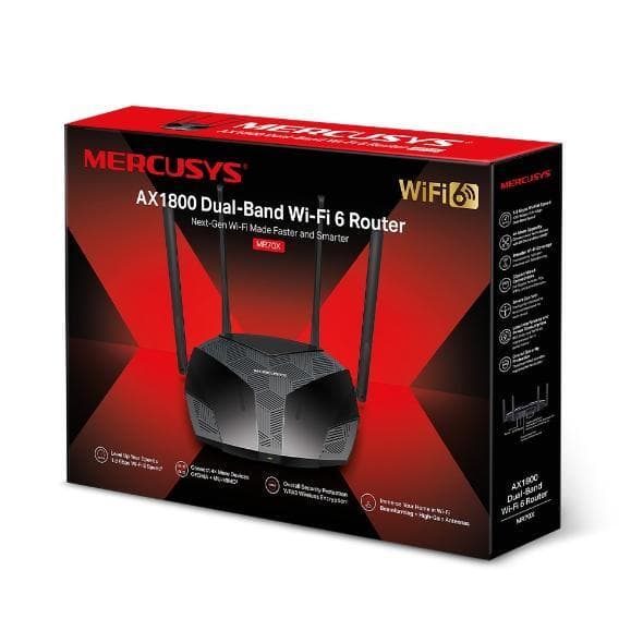 Mercusys AX1800 Dual-Band WiFi 6 Router MR70X 802.11ax, 1201+574 Mbit/s, 10/100/1000 Mbit/s, Ethernet LAN (RJ-45) porte 3, Antennetype 4xFixed, Sort