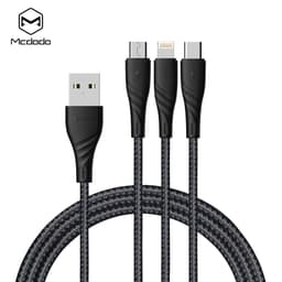 Mcdodo CA-6451 3-in-1 USB A–1x USB C, 1x Lightning ja 1x Micro USB -kaapeli jopa kolmen yksikön lataamiseen, harmaa 1,2 m, 2,4 A, nailonpunos