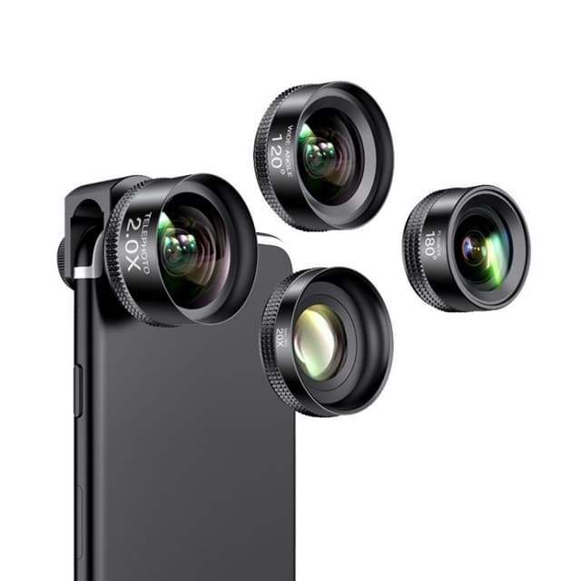 20X makroobjektiv/180° fiskeøyeobjektiv/120° vidvinkelobjektiv/2.0X teleobjektiv