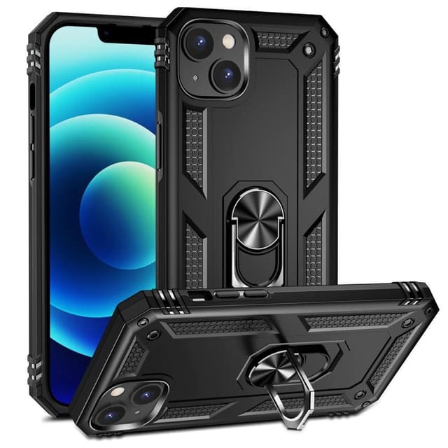 iPhone 14 Hybrid skal med Finger Ring & Metall Plåt - Svart