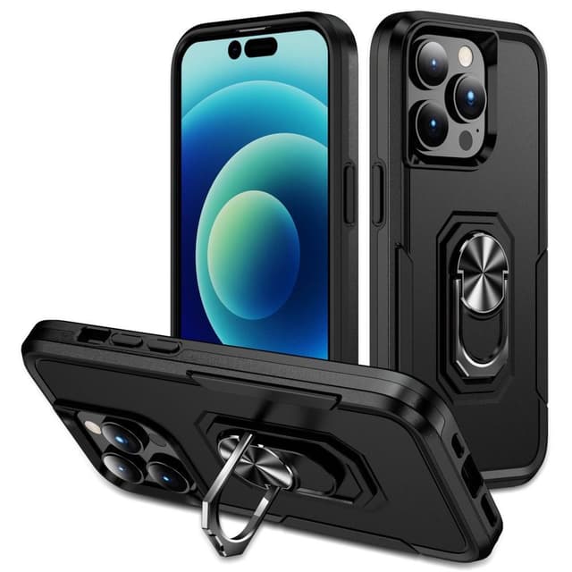iPhone 14 Pro Hybrid skal med Finger Ring & Metall Plåt - Svart