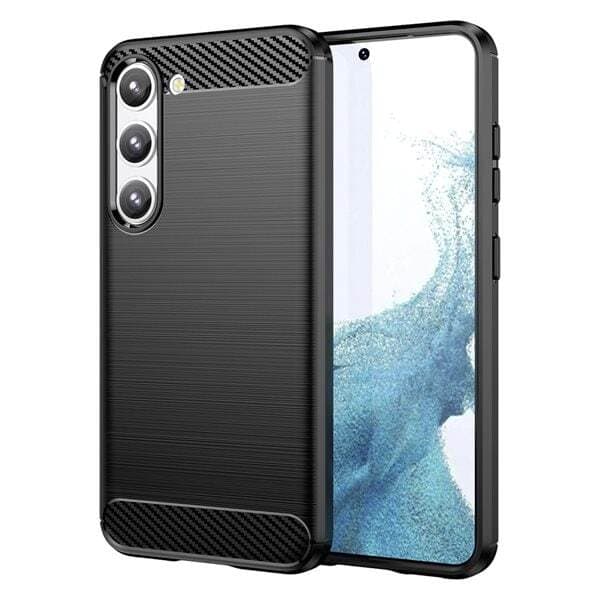 Svart silikonikuori Samsung Galaxy S23 -puhelimelle hiilikuitukuviolla