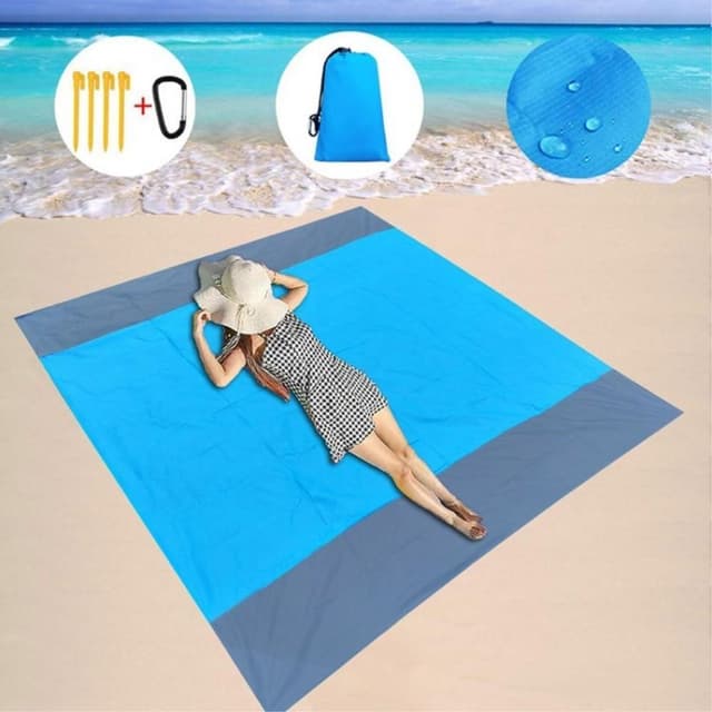 Stor Strandfilt 210x200cm Sandtät Vattentät Lätt Utomhusfilt Blå