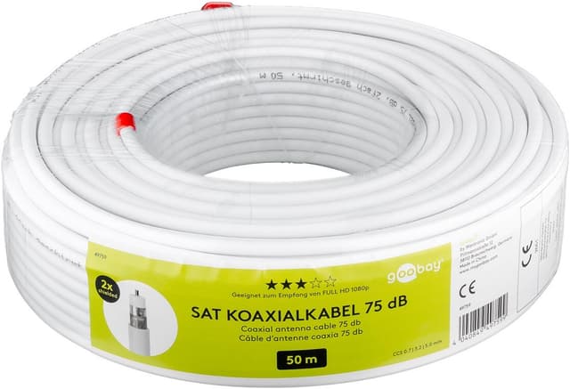 75 dB koaksial antennekabel, 2x skjermet, 50 m hvit