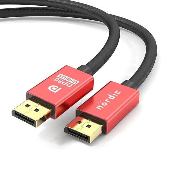 NÖRDIC 1.5m nylon flettet Displayport 2.1 kabel DP80 UHBR20 80Gbps 16/10/8K60H 4K165/144Hz DSC1.2a HDR HDCP2.2 FreeSync G-Sync