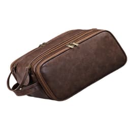 Toalettveske i skinn med dobbel glidelås kaffe