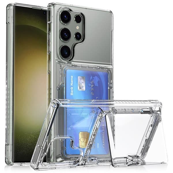 Takakansi korttipaikalla ja jalustalla Samsung S24 Ultra -puhelimelle