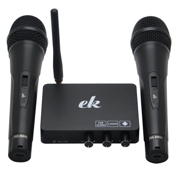 Karaokemaskine / karaokemixer med to trådløse mikrofoner og smart-tv-kompatibilitet