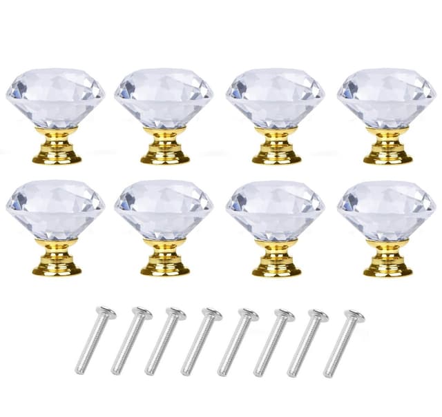 Diamantformede knotter i glass Transparent / Gull 8 stk