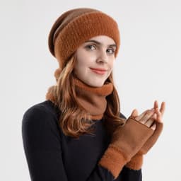 Varmt tørklæde Handske Hat Beanie Sæt Brun