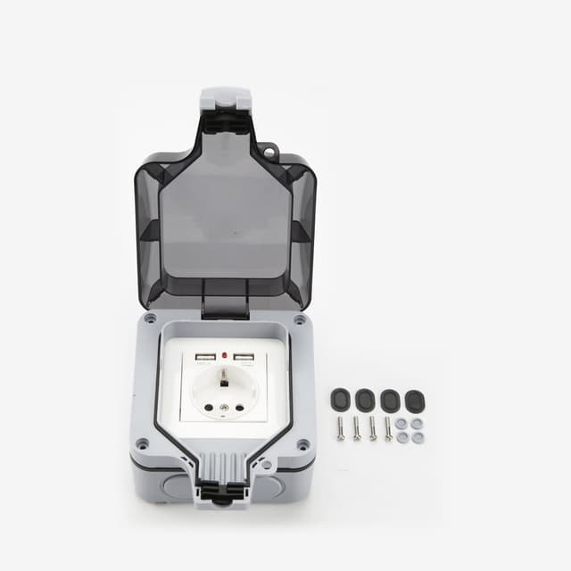 Vanntett vegguttak med deksel, med 2 USB-porter Grå
