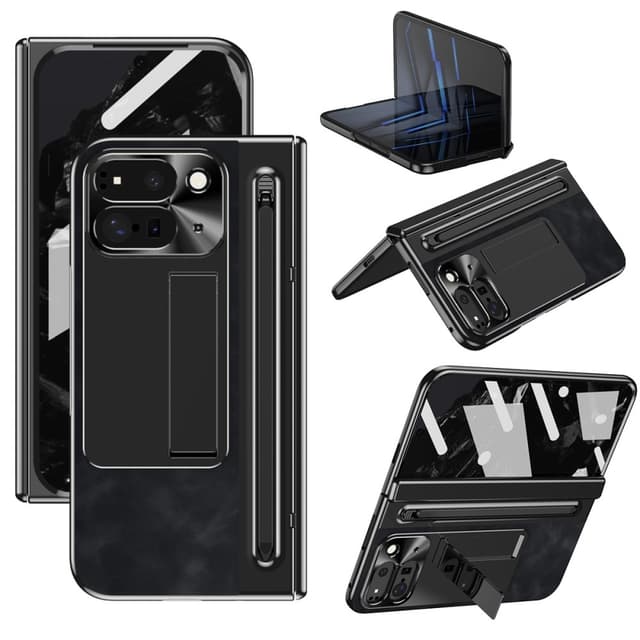 Til Google Pixel 9 Pro Fold 5G Cover Kickstand Læder+PC Etui med Hærdet Glasfilm og Stylus - Sort