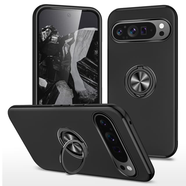 Google Pixel 9 / Pixel 9 Pro sormenrengasjalustan hybridikotelo - musta
