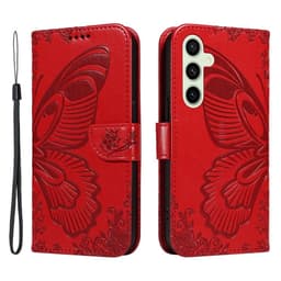 För Samsung Galaxy S24 FE Fodral Ställ Plånboksfodral Fjärilsmönster - Röd
