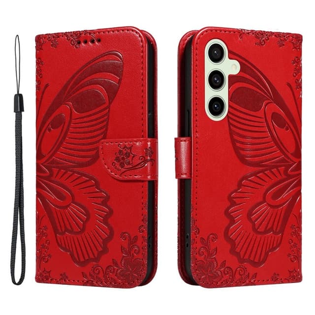 Til Samsung Galaxy S24 FE Deksel Stativ Lommebok-deksel Sommerfuglemønster - Rød