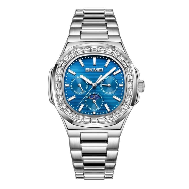 SKMEI Clock Business Miesten kvartsikello Zircon Fashion Rannekello - hopea + sininen