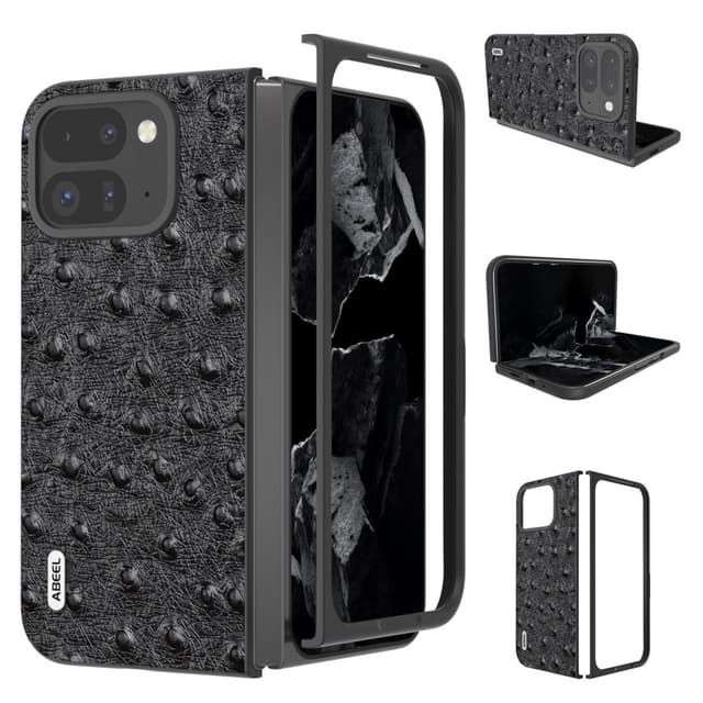 ABEEL för Google Pixel 9 Pro Fold 5G Fodral Kohud + PC Telefonfodral med Strutstextur - Svart