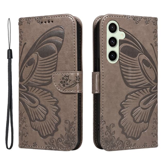 För Samsung Galaxy S24 FE Fodral Ställ Plånboksfodral Fjärilsmönster - Grå