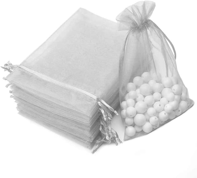 Små gaveposer med snor Organza 25-pak 7x9 cm Grå