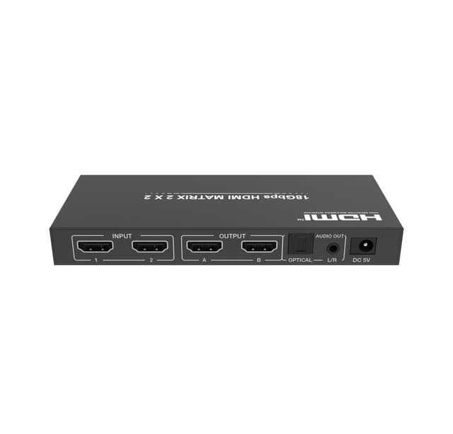 NÖRDIC 2x2 HDMI 2.0 matrisebryter 4K60Hz med Extractor Toslink & Stereo EDID HDR HDCP2.2 Dolby Digital+, DTS 5.1