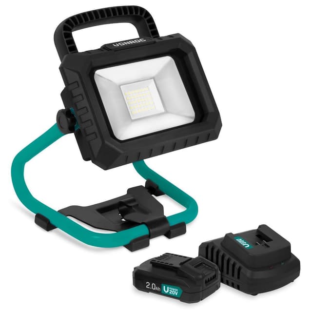 VONROC Batteridriven LED-arbetslampa 20W – 1800 lumen | Inkl. 2x 2.0Ah batterier och snabbladdare