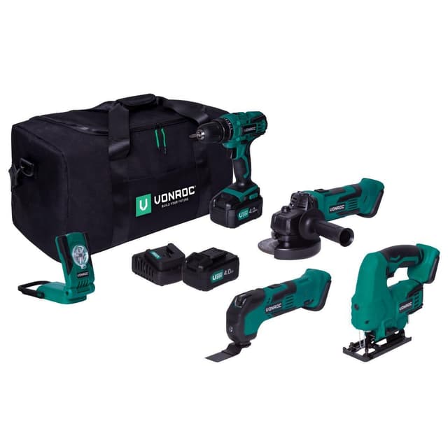 VONROC Værktøjssæt VPower 20V | Boremaskine, Stiksav, Multiværktøj, Vinkelsliber, LED-lampe | Inkl. 4 maskiner, 2x 4.0Ah akku, oplader og taske