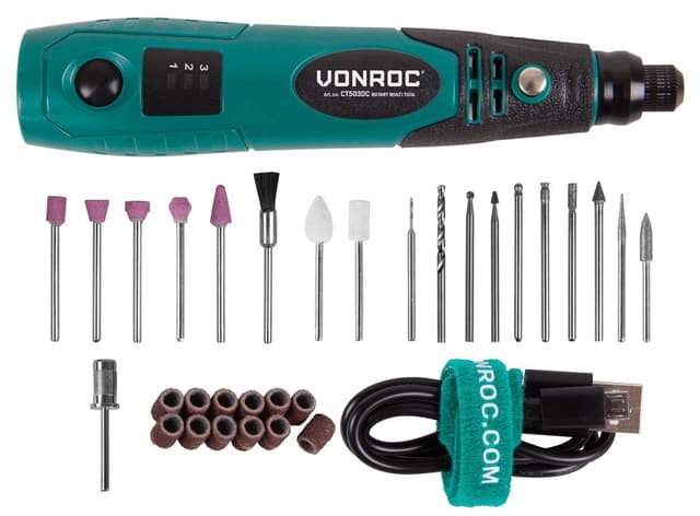 VONROC Outil multifonction rotatif 4V – 32 accessoires, chargeur et lampe LED inclus – CT503DC