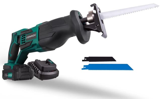 Akku-Säbelsäge VPower 20V – Komplettset mit 2.0Ah Akku, Schnellladegerät, Sägeblättern und Aufbewahrungstasche