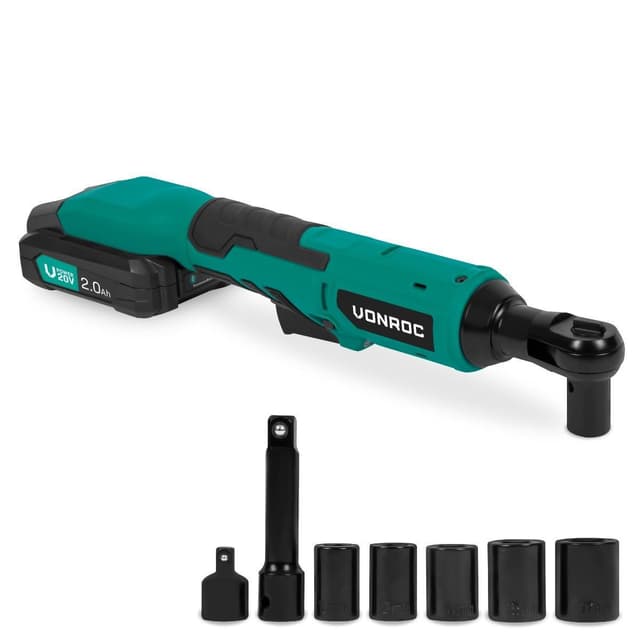 VONROC Batteridriven spärrnyckel – 20V – 50Nm – Inkl. 8- delars hylssats | Inkl. 2.0Ah batteri och snabbladdare
