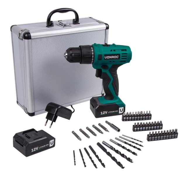 VONROC Bore-/skruemaskine 12V | Inkl. 2x akku og oplader | Inkl. 46 dele tilbehør