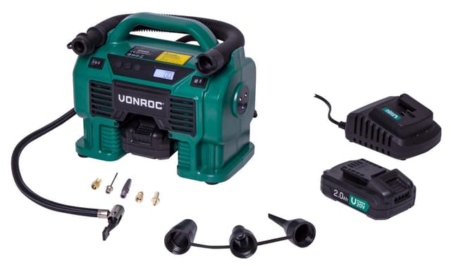 VONROC Kompressor 20V - 12V | Inkl. 2x 2.0Ah akku og oplader