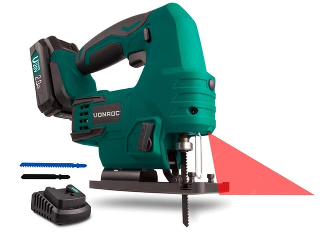 Akku-Stichsäge VPower 20V – Komplettset mit 2.0Ah Akku, Schnellladegerät, Sägeblättern, Parallelführung und Aufbewahrungstasche